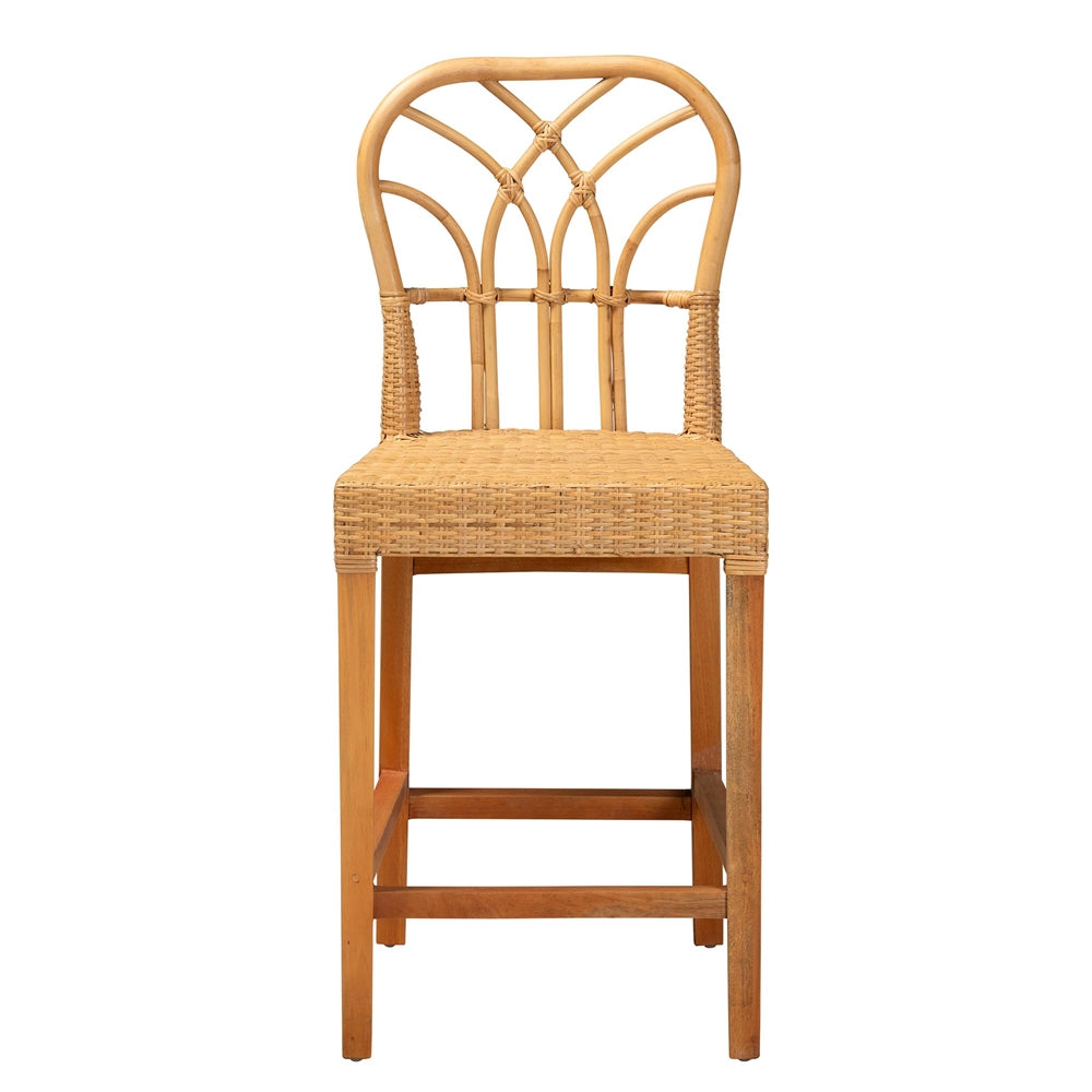 bali & pari Monaco Modern Bohemian Natural Rattan and Mahogany Wood Counter Stool