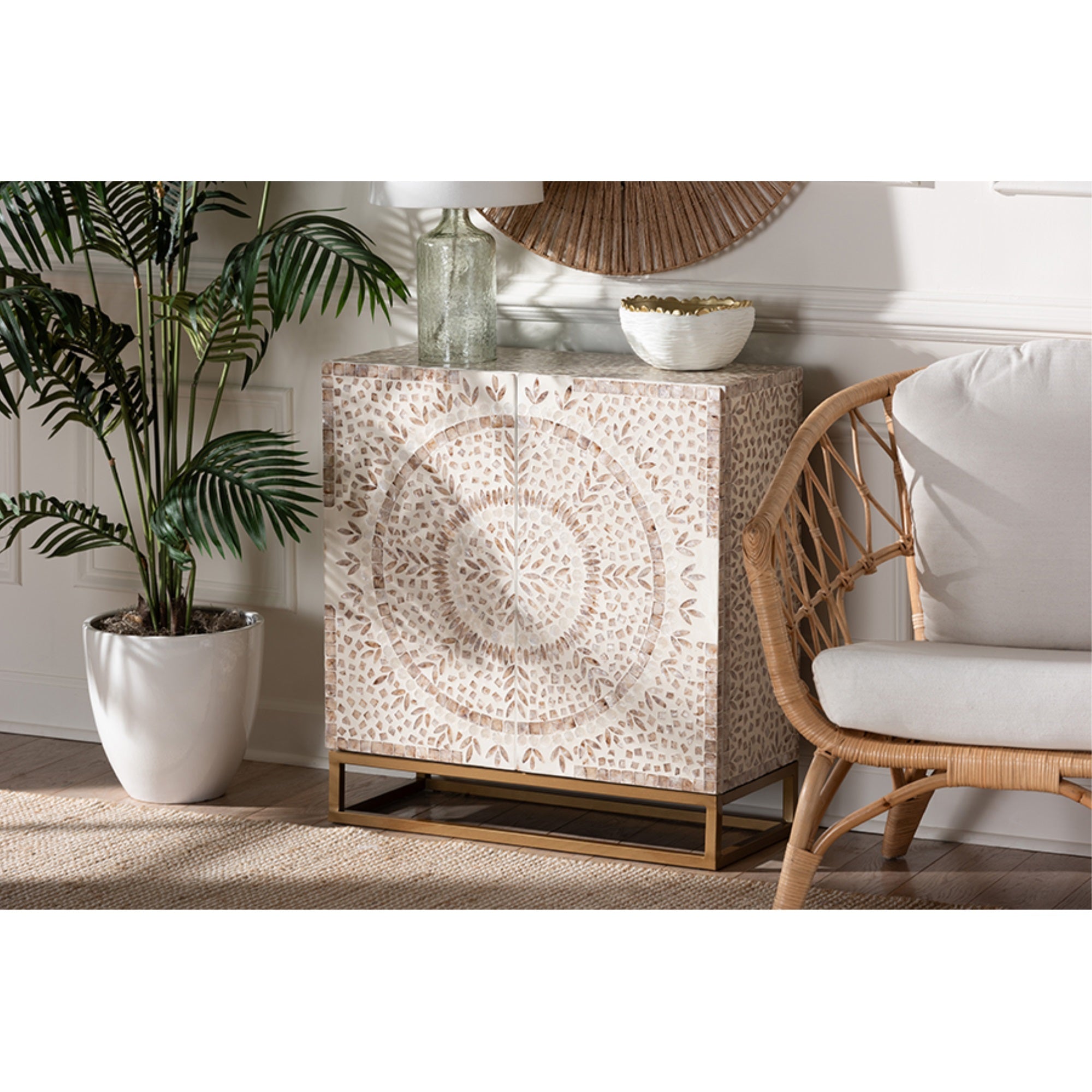 Baxton Studio Ercilia Modern Bohemian White and Rustic Brown Mother of Pearl Storage Cabinet