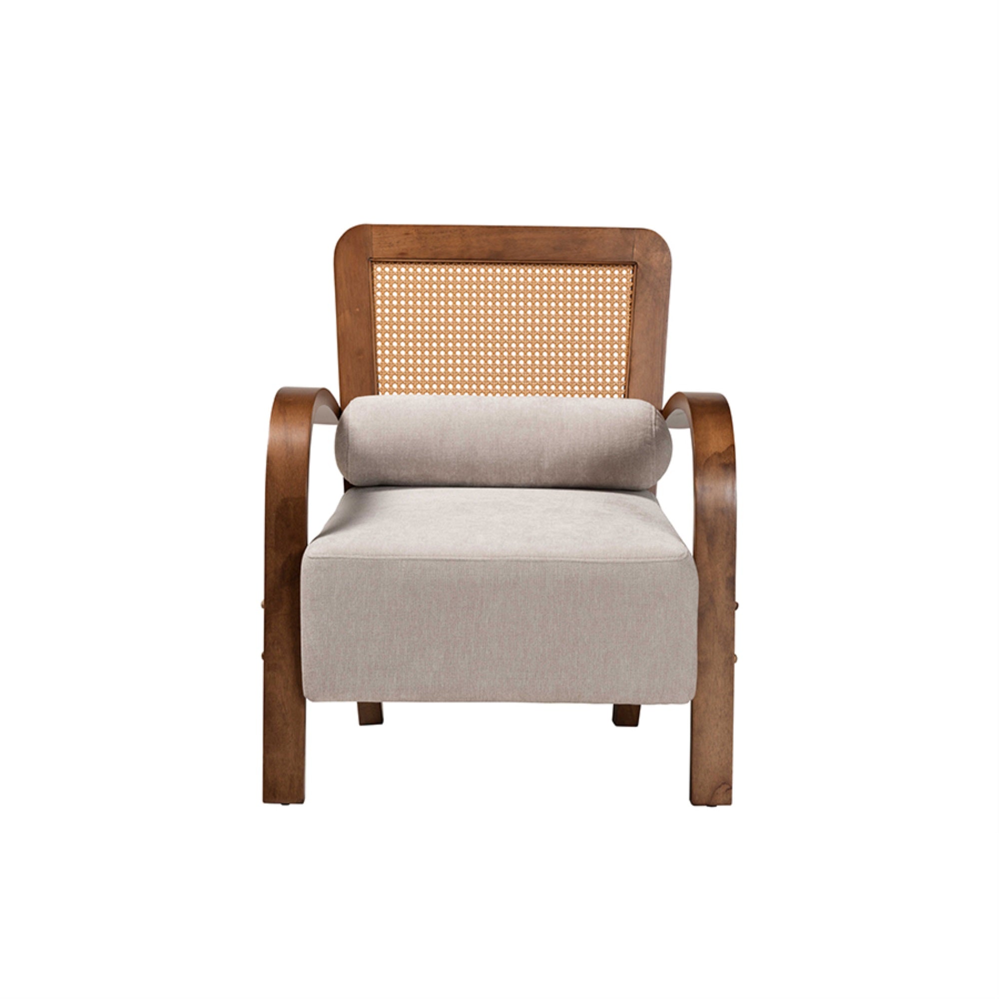 Baxton Studio Sage Modern Japandi Light Grey Fabric and Walnut Brown Finished Wood Arm Chair with Woven Rattan