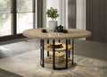 Eden 59inch Round Rustic Oak Dining Table with LED Light, Black Metal Frame, Shelves