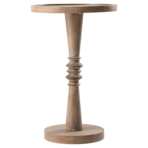 Pedestal Small Drinking Table, Farmhouse Tray Top End Table, Distressed Finish, Wood Color