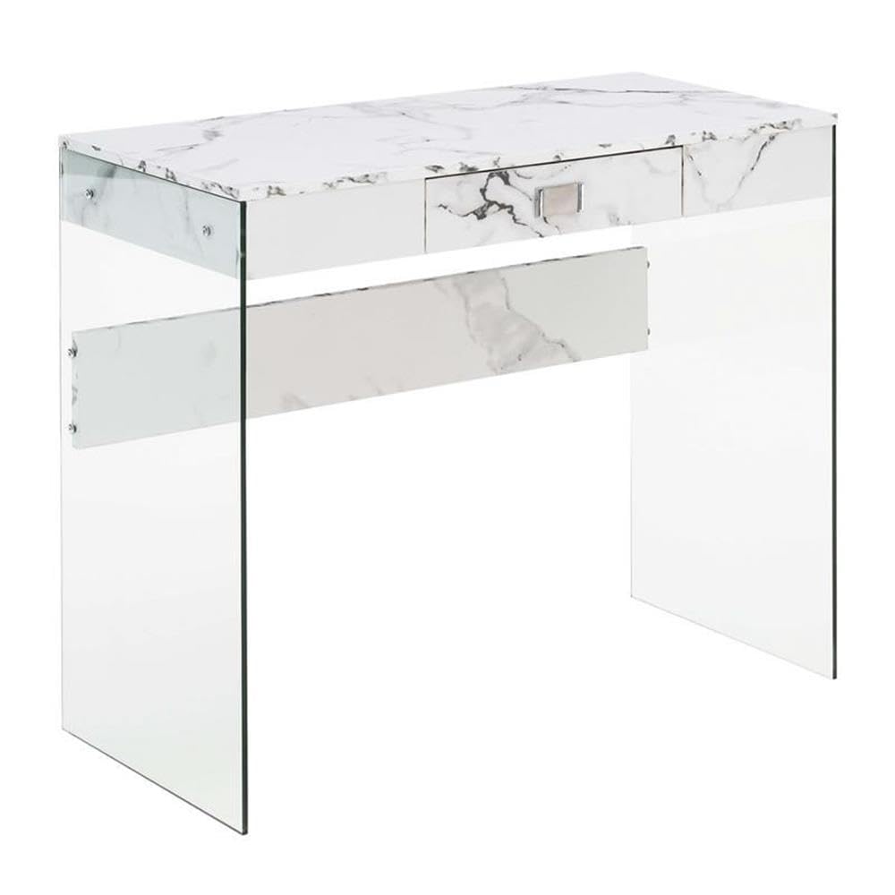Convenience Concepts SoHo 1 Drawer Glass 36 inch Desk, White Faux Marble/Glass