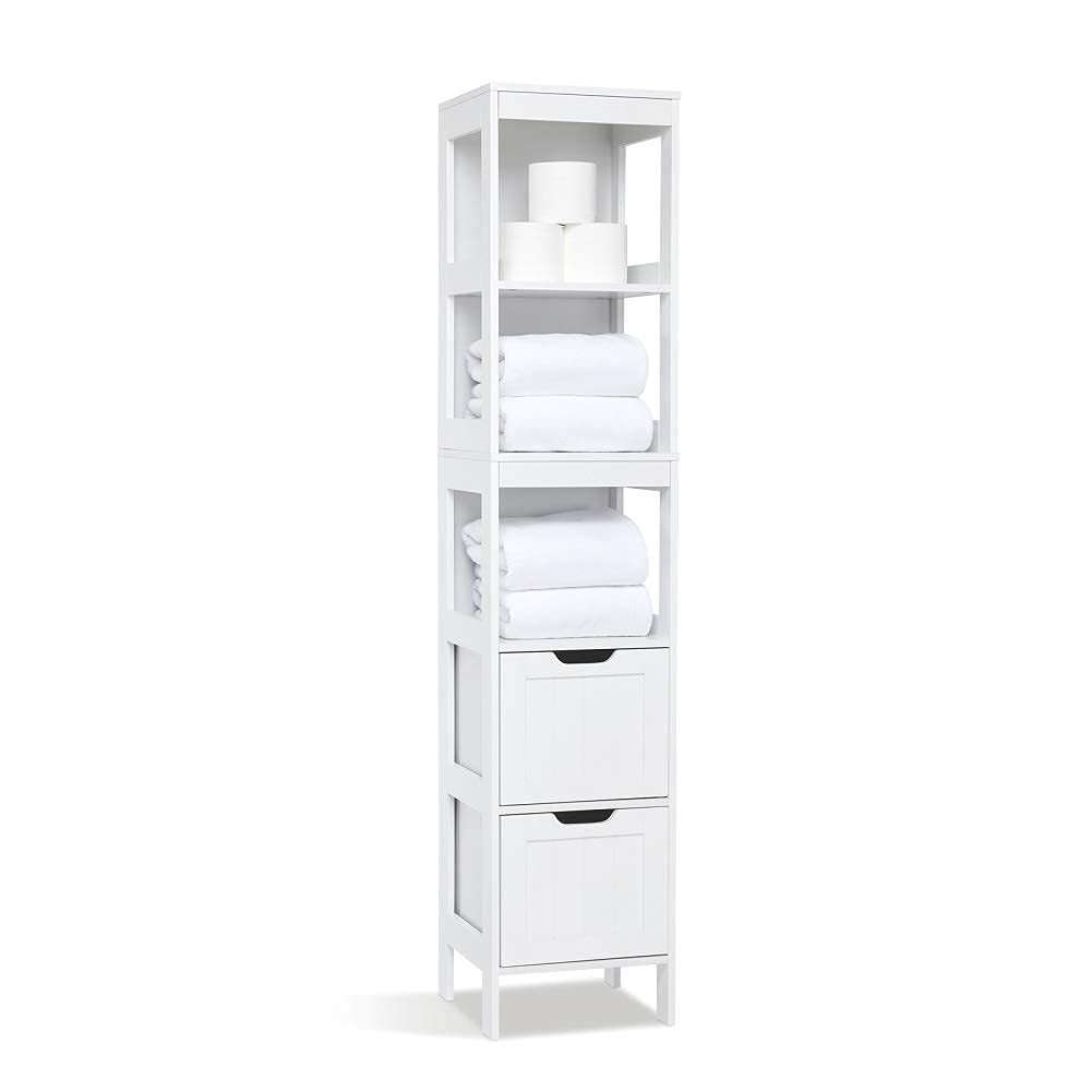 Meerveil Tall Bathroom Cabinet, Storage Unit with 2 Drawers and 3 Open Shelves, White Free Standing Painted MDF Slim Organiser, 