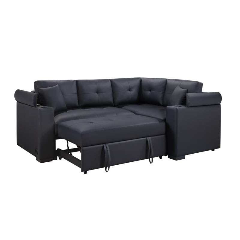 Donovan 84.5W Black PVC Fabric Sleeper Sectional with USB Charger, Cupholders, Storage Arms