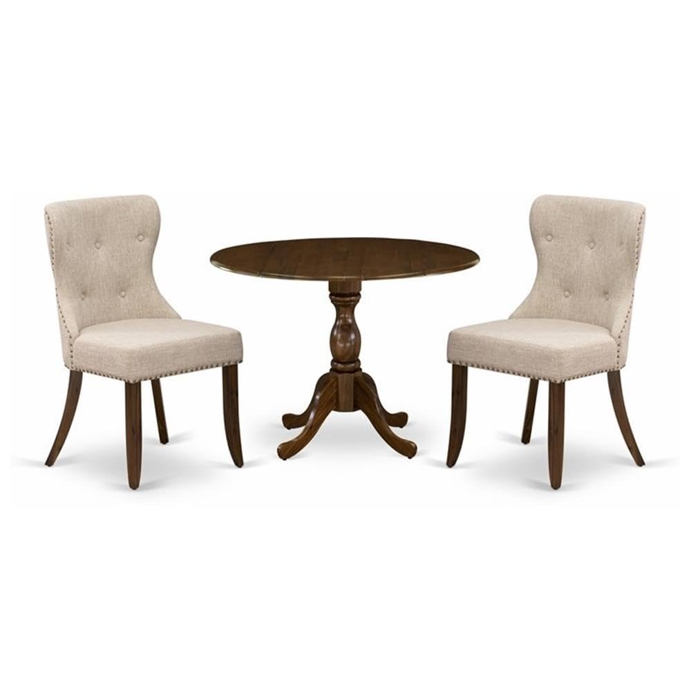 East West Furniture DMSI3-AWA-04 3 Piece Dinette Set for Small Spaces Contains a Round Dining Table with Dropleaf and 2 Light Ta