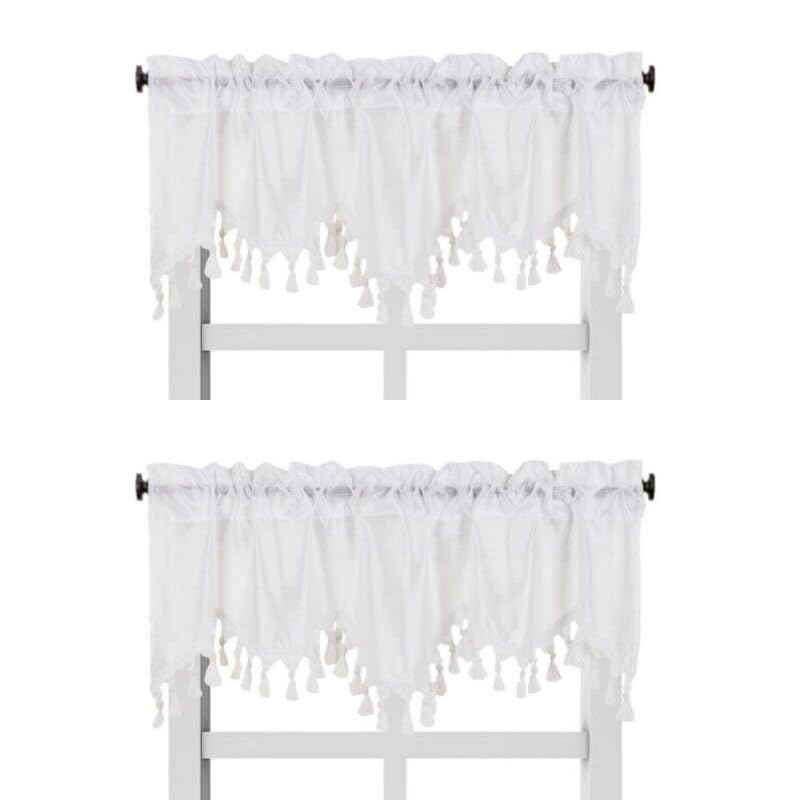 Solid Faux Silk Swag Waterfall Cascade Ascot Window Curtain Valance w/Tassels Trim 55  x18  Wave (2, White)