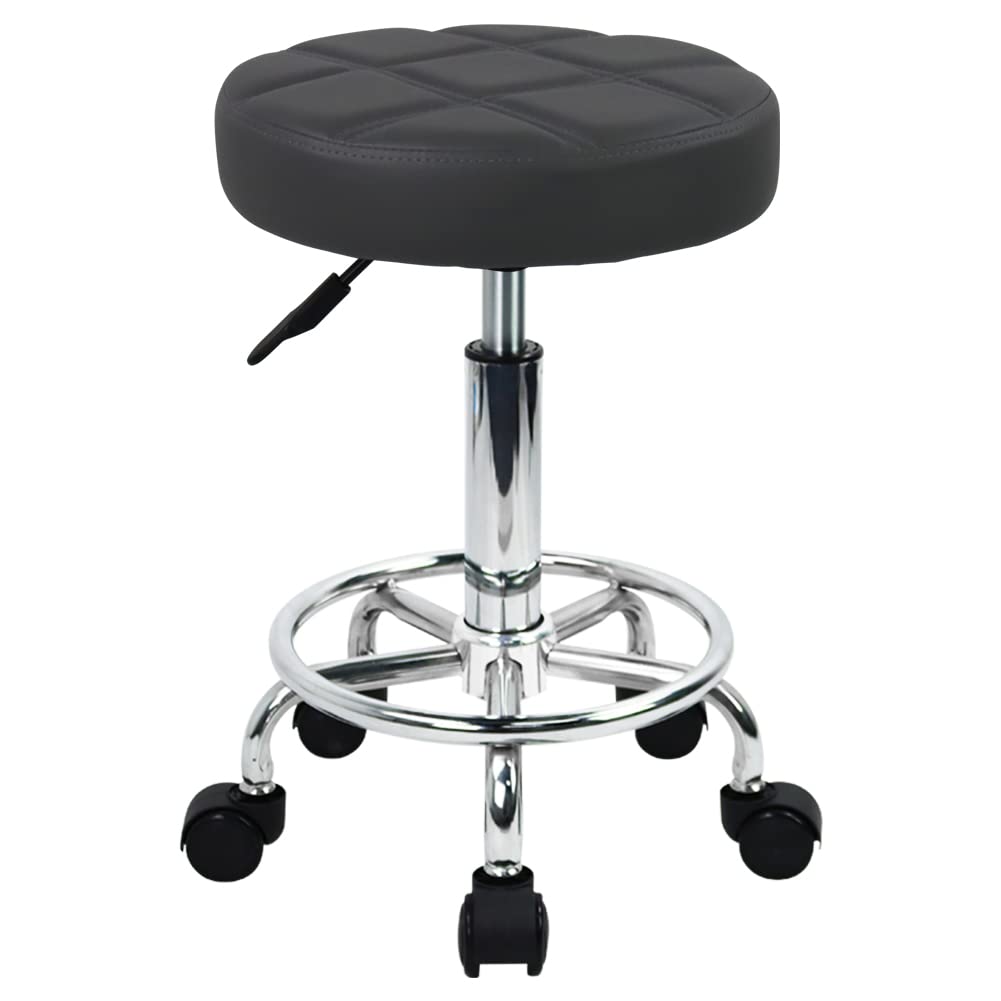 WKWKER Round Rolling Stool with Footrest PU Leather Height Adjustable 360 Swivel Stool with Wheels Office Stool Chair Home Draft