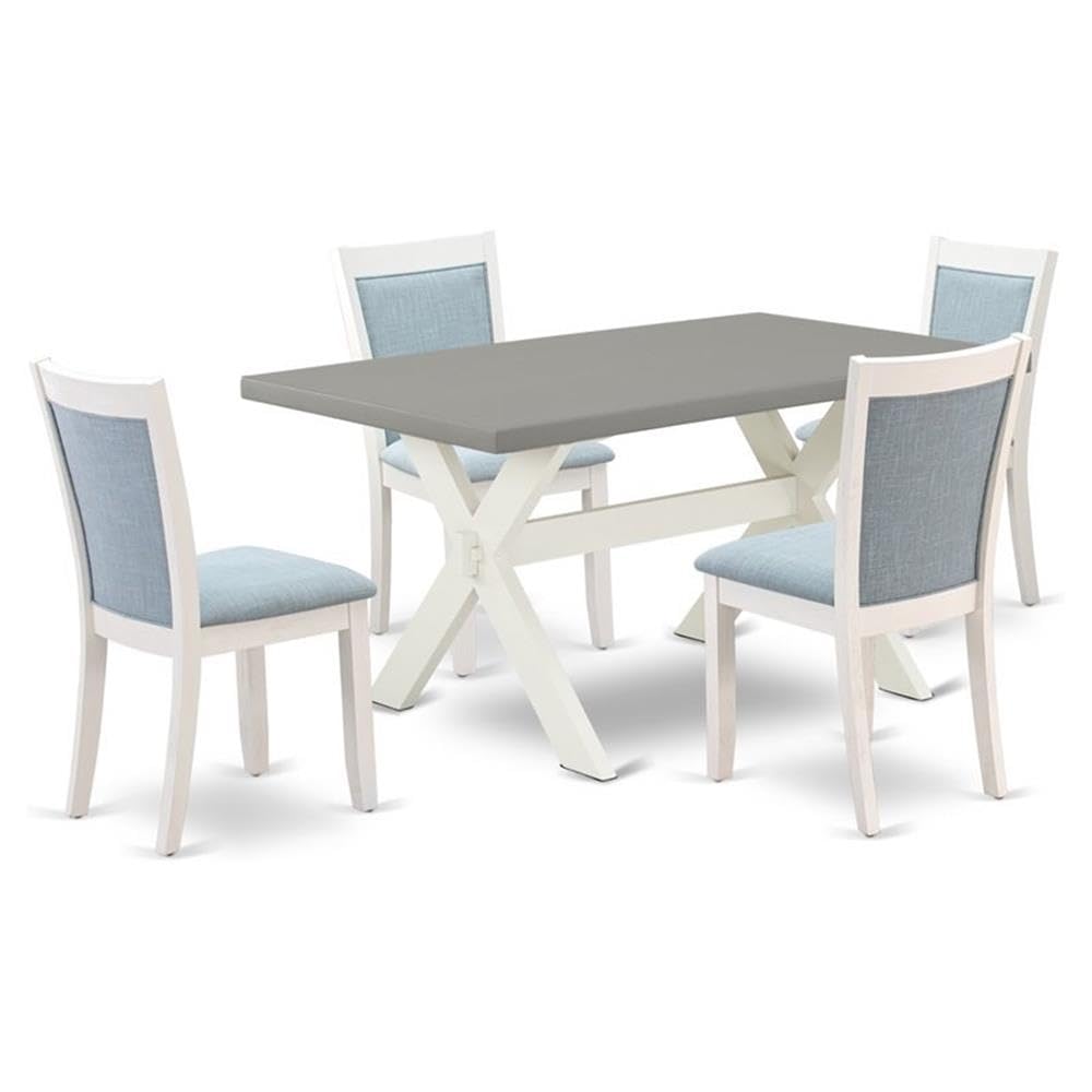 East West Furniture X096MZ015-5 5 Piece Dining Set Includes a Rectangle Dining Room Table with X-Legs and 4 Baby Blue Linen Fabr