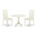 East West Furniture DMIP3-LWH-C 3 Piece Dining Room Furniture Set Contains a Round Kitchen Table with Dropleaf and 2 Linen Fabri
