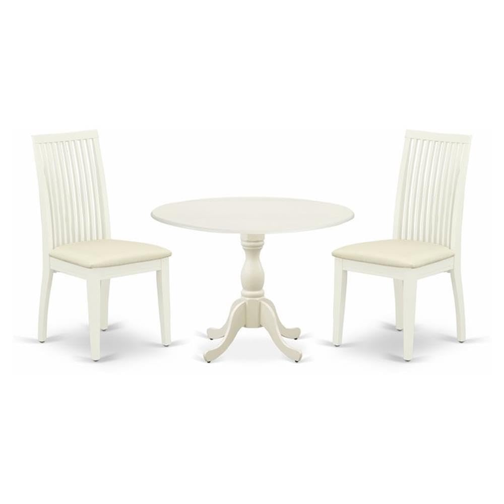 East West Furniture DMIP3-LWH-C 3 Piece Dining Room Furniture Set Contains a Round Kitchen Table with Dropleaf and 2 Linen Fabri