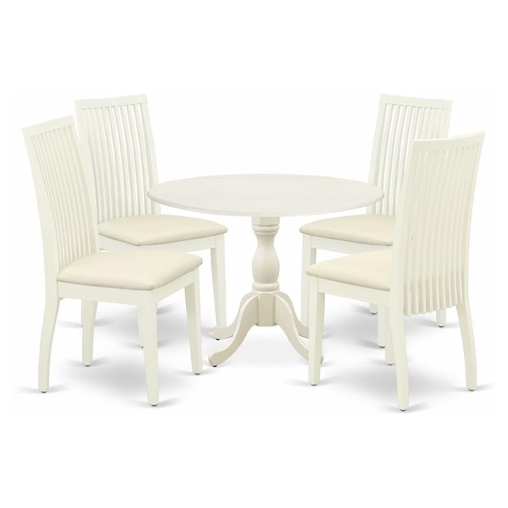East West Furniture DMIP5-LWH-C 5 Piece Modern Dining Table Set Includes a Round Wooden Table with Dropleaf and 4 Linen Fabric U