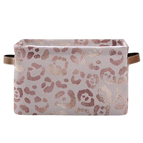 SEULIFE Rose Gold Leopard Print Pink Foldable Storage Basket, Large Collapsible Organizer Storage Bin Cube Toys Storage Boxes wi