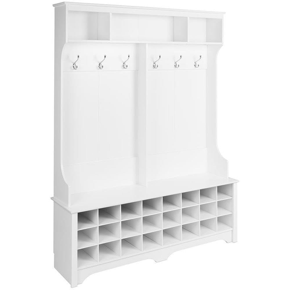 Prepac White Hall Tree, Shoe Cabinet, Storage Cabinet with 24 Shoe Cubbies and 6 Double Coat Hooks 15.5 D x 60 W x 77 H