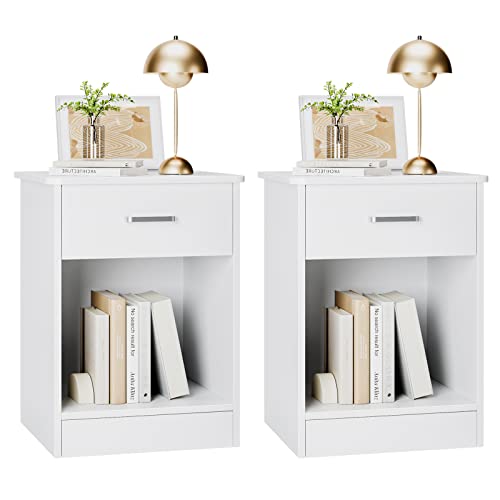 FOTOSOK Nightstand, Set of 2, 2-Tier Side Table with Drawer and Storage Shelf, Bedside Table End Table, Modern Night Stand for B