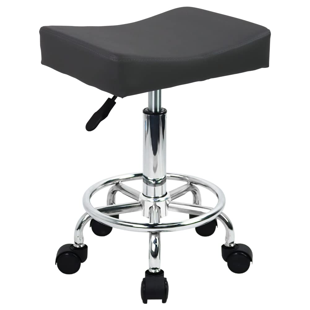 WKWKER Square Rolling Stool with Footrest PU Leather Height Adjustable 360 Swivel Stool with Wheels Massage SPA Salon Stools Tas