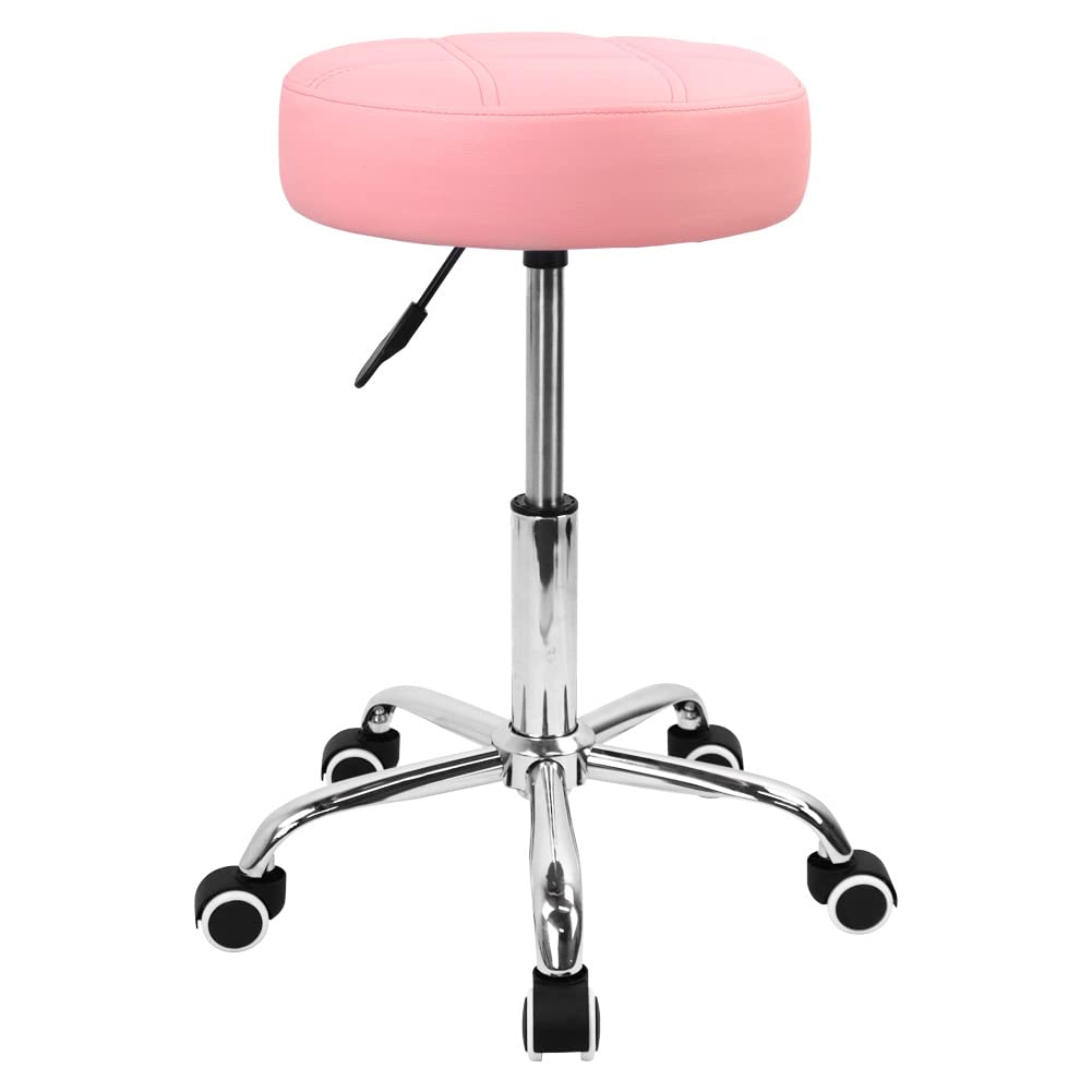 KKTONER Round Rolling Stool Chair PU Leather Height Adjustable Shop Stool Swivel Drafting Work SPA Salon Stools with Wheels Offi