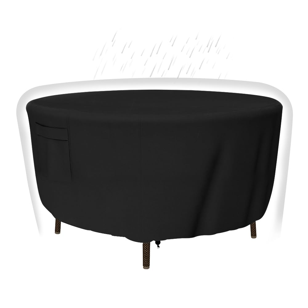 Tuyeho Heavy Duty Round Patio Table Cover (62D x 28H Inch), Waterproof & Weather Resistant, Anti UV - Black