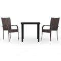 vidaXL 3-Piece Rattan Patio Dining Set with Powder-Coated Steel Frame and Glass Tabletop - Brown and Black