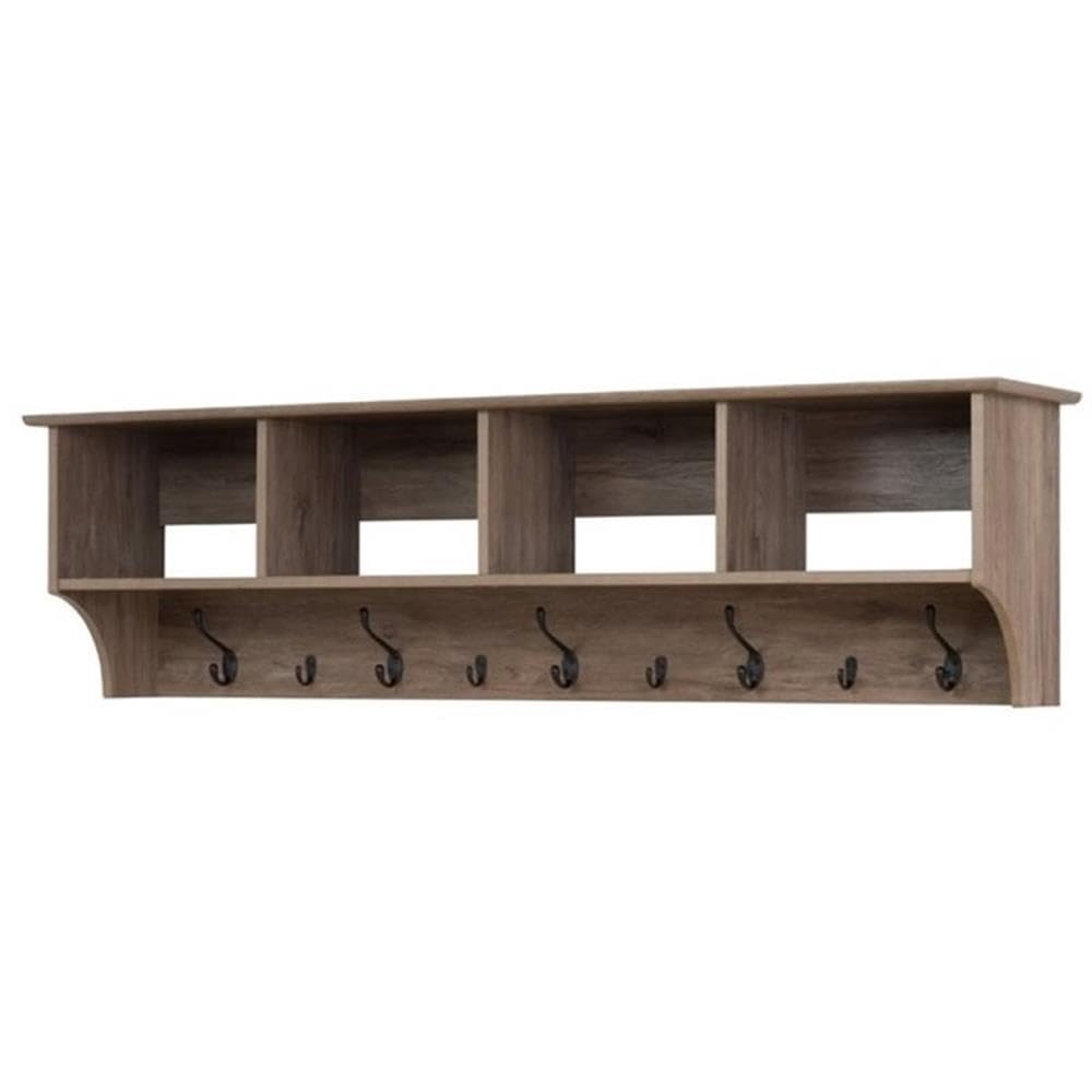 Prepac Drifted Gray 60 Contemporary Wall Mounted Coat Rack, Coat Hooks Wall Mount with 4 Shelves, Ideal for Hallway or Entryway 