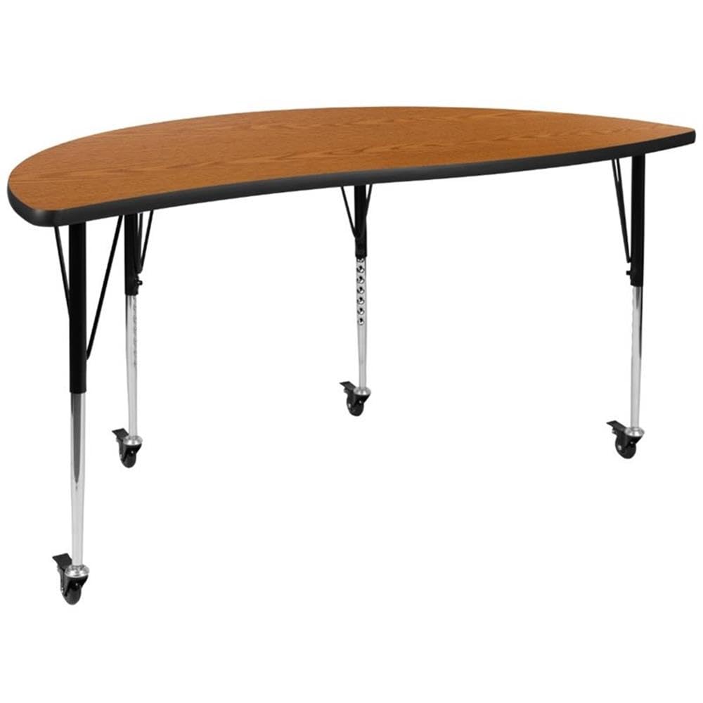 Flash Furniture Mobile 60 Half Circle Wave Collaborative Oak Thermal Laminate Activity Table - Standard Height Adjustable Legs