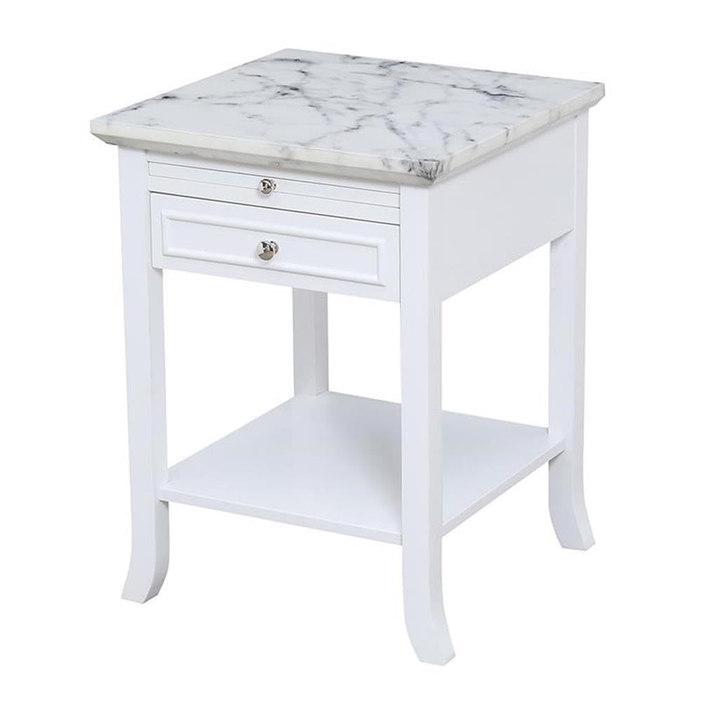 Convenience Concepts 7102045WMW American Heritage Logan 1 Drawer End Table with Pull-Out Shelf, White Faux Marble Top/White