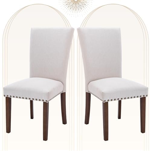 COLAMY Upholstered Parsons Dining Chairs Set of 2, Fabric Dining Room Kitchen Side Chair with Nailhead Trim and Wood Legs - Beig