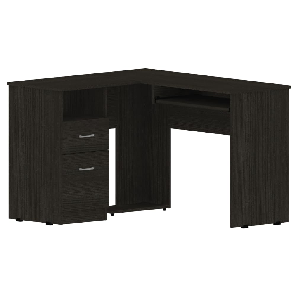 Tuhome Mix L-Shaped Desk, Keyboard Tray, Two Drawers, Single Open Shelf -Black