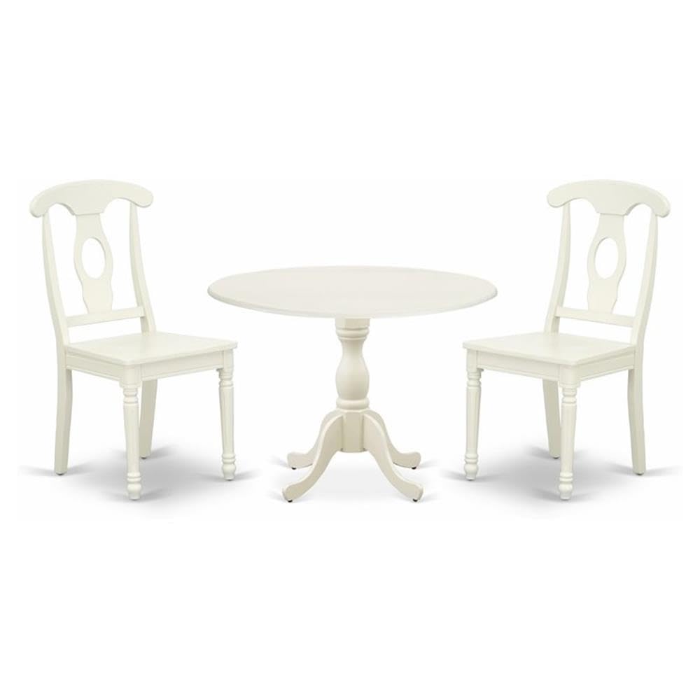 East West Furniture DMKE3-LWH-W 3 Piece Modern Dining Table Set Contains a Round Wooden Table with Dropleaf and 2 Kitchen Dining