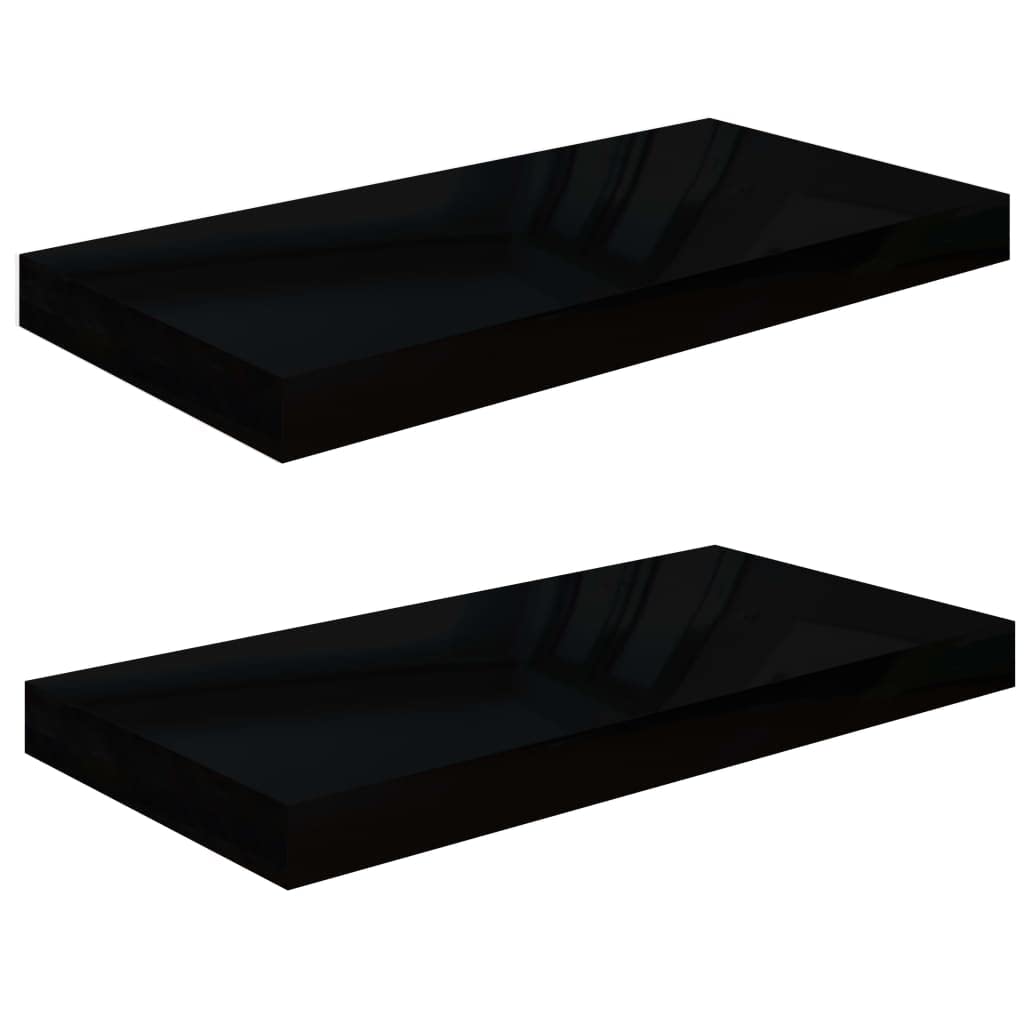 vidaXL Contemporary Floating Wall Shelves Set of 2 - High Gloss Black - 19.7x9.1x1.5 - Honeycomb MDF and Metal Frame - Invisible