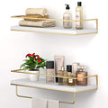 Shario White Floating Shelves - Set of 2, Wall Mounted Hanging Shelves with golden Towel Rack, Decorative Storage Shelves for Ba