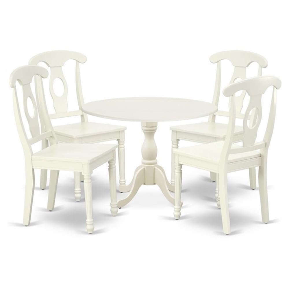 East West Furniture DMKE5-LWH-W 5 Piece Kitchen Table & Chairs Set Includes a Round Dining Room Table with Dropleaf and 4 Solid 