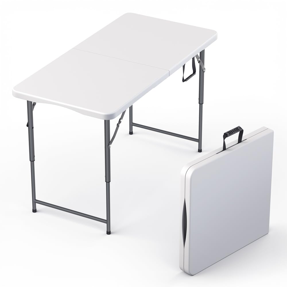 4 Feet Foldable Table Adjustable Height with Built in Handle, Steel Legs | Heavy Duty Portable | Perfect for Party, Dining, Wedd