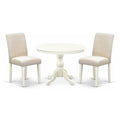 East West Furniture HBAB3-LWH-02 3 Piece Dining Set Contains a Round Dining Room Table with Pedestal and 2 Light Beige Linen Fab