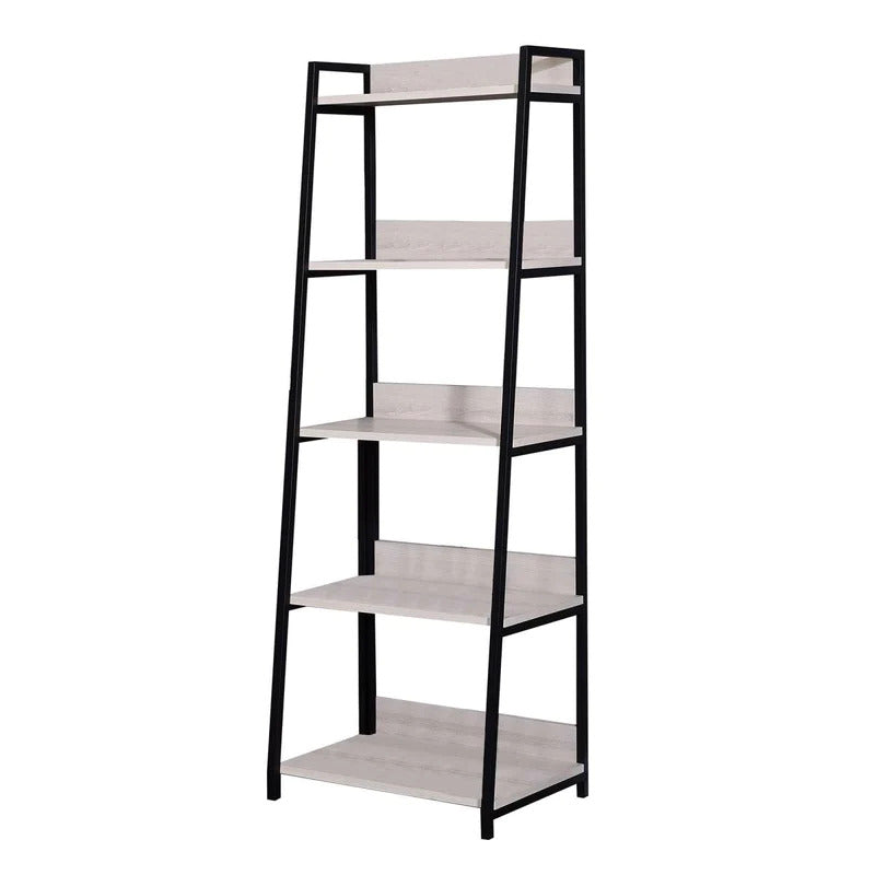 67 Natural and Black Metal Five Tier Ladder Bookcase