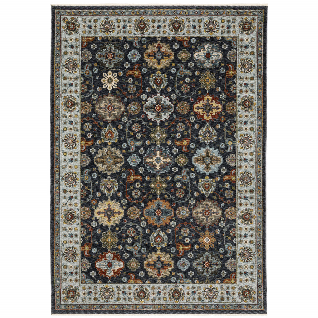 10 X 13 Blue Red Beige Yellow grey Rust And gold Oriental Power Loom Stain Resistant Area Rug With Fringe