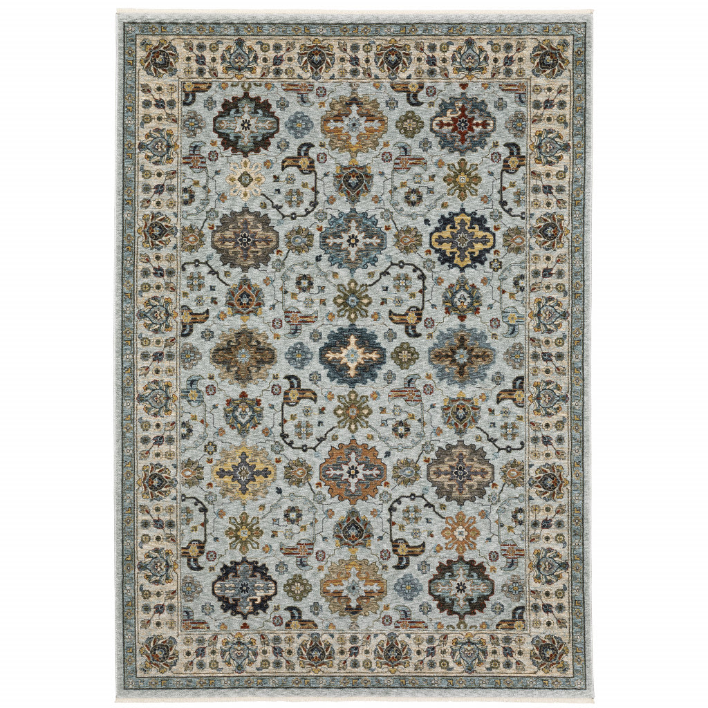 10 X 13 Blue Beige grey green Yellow And Rust Oriental Power Loom Stain Resistant Area Rug With Fringe