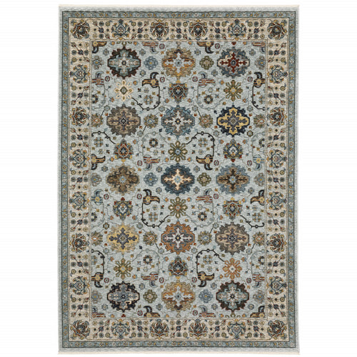 10 X 13 Blue Beige grey green Yellow And Rust Oriental Power Loom Stain Resistant Area Rug With Fringe
