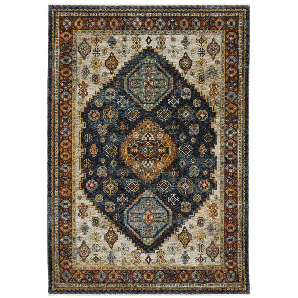 10 X 13 Blue Red Beige Orange gold And Tan Oriental Power Loom Stain Resistant Area Rug With Fringe