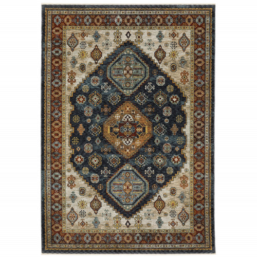 10 X 13 Blue Red Beige Orange gold And Tan Oriental Power Loom Stain Resistant Area Rug With Fringe