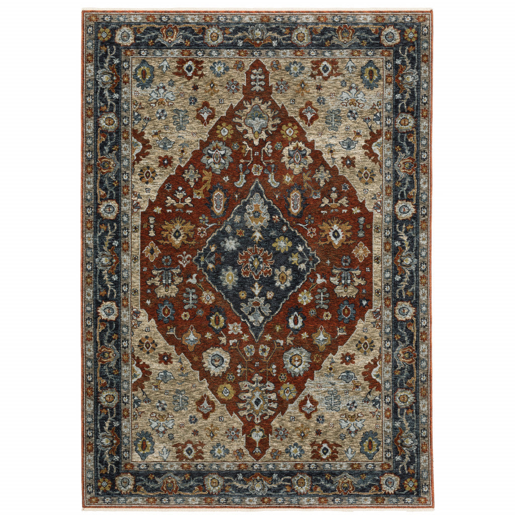 8 X 11 Blue Beige Tan Brown gold And Rust Red Oriental Power Loom Stain Resistant Area Rug With Fringe