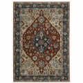 10 X 13 Blue Beige Tan Brown gold And Rust Red Oriental Power Loom Stain Resistant Area Rug With Fringe