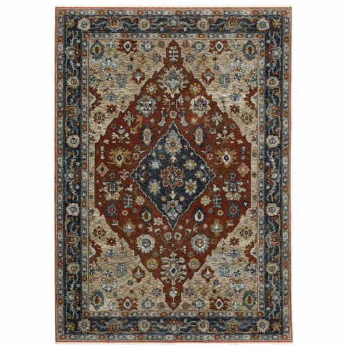 10 X 13 Blue Beige Tan Brown gold And Rust Red Oriental Power Loom Stain Resistant Area Rug With Fringe