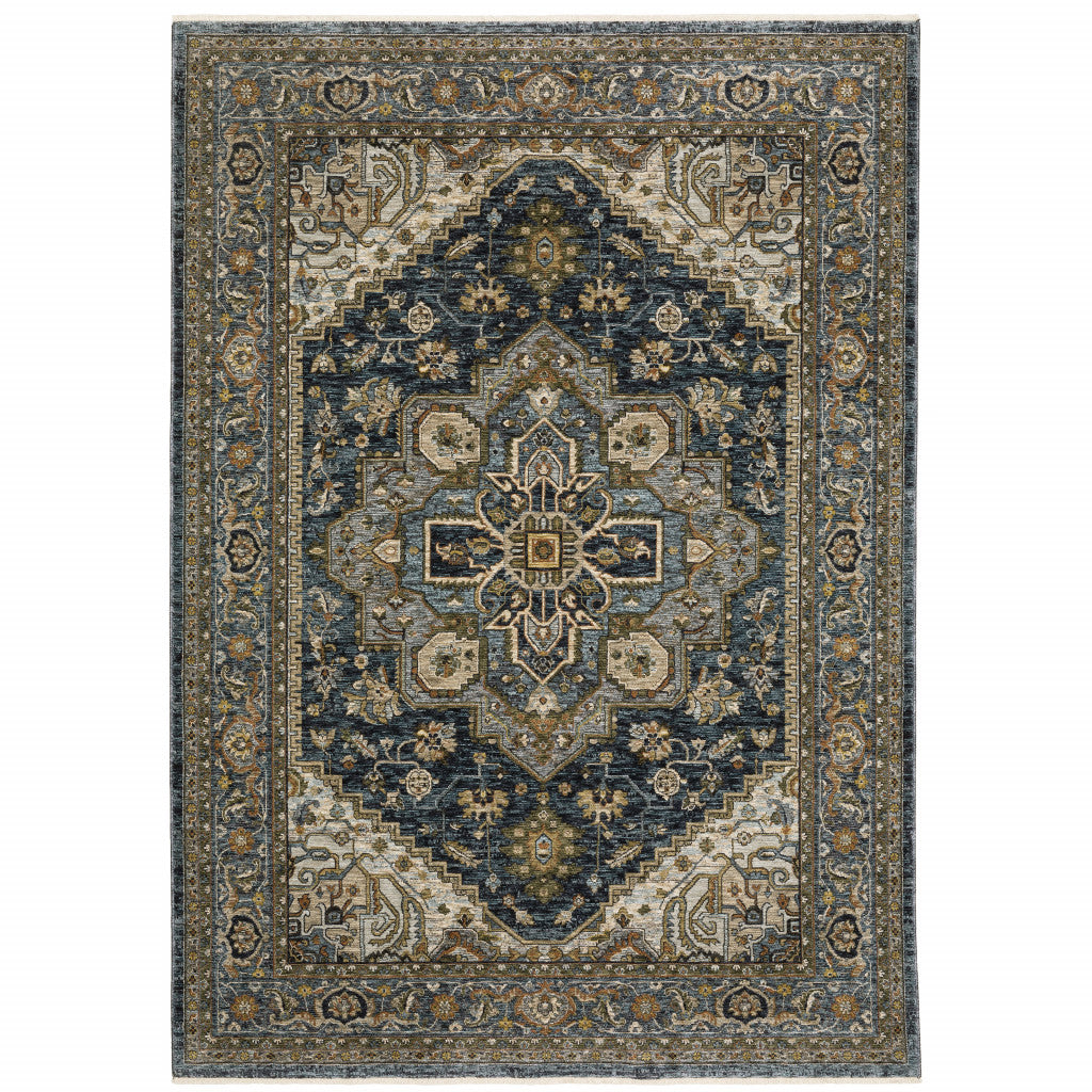 10 X 13 Blue Taupe grey green Rust Tan Beige And gold Oriental Power Loom Stain Resistant Area Rug With Fringe