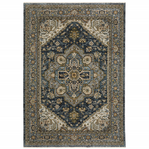 10 X 13 Blue Taupe grey green Rust Tan Beige And gold Oriental Power Loom Stain Resistant Area Rug With Fringe