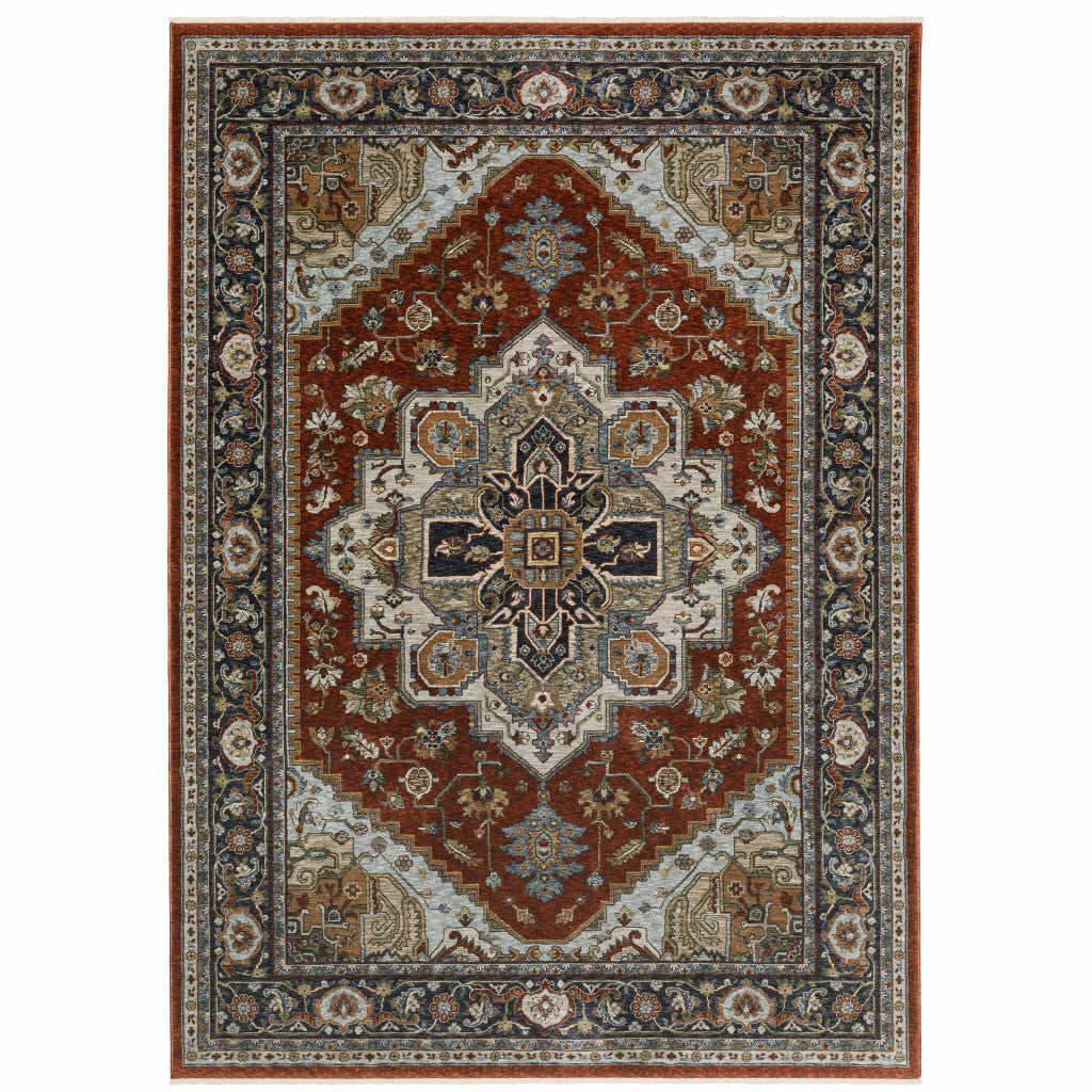 8 X 11 Blue Beige grey gold green And Rust Red Oriental Power Loom Stain Resistant Area Rug With Fringe