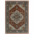 10 X 13 Blue Beige grey gold green And Rust Red Oriental Power Loom Stain Resistant Area Rug With Fringe