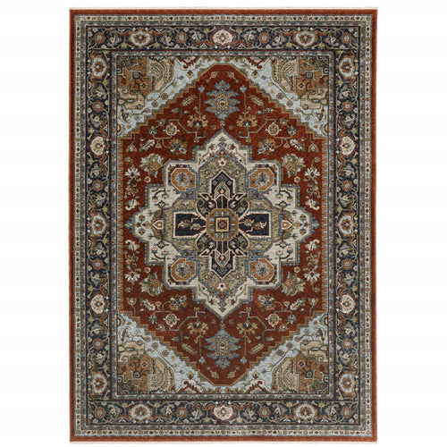 10 X 13 Blue Beige grey gold green And Rust Red Oriental Power Loom Stain Resistant Area Rug With Fringe