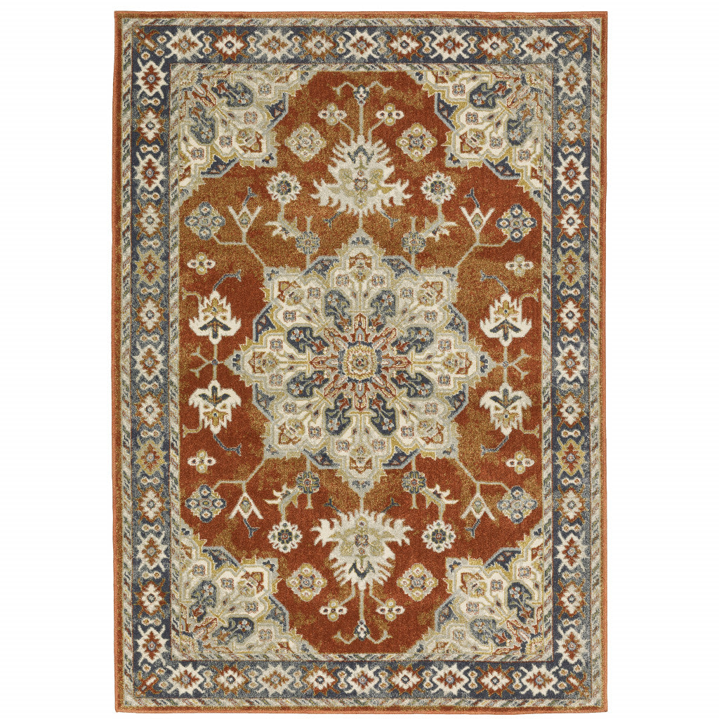 6 X 9 Rust Beige Teal Blue And gold Oriental Power Loom Stain Resistant Area Rug