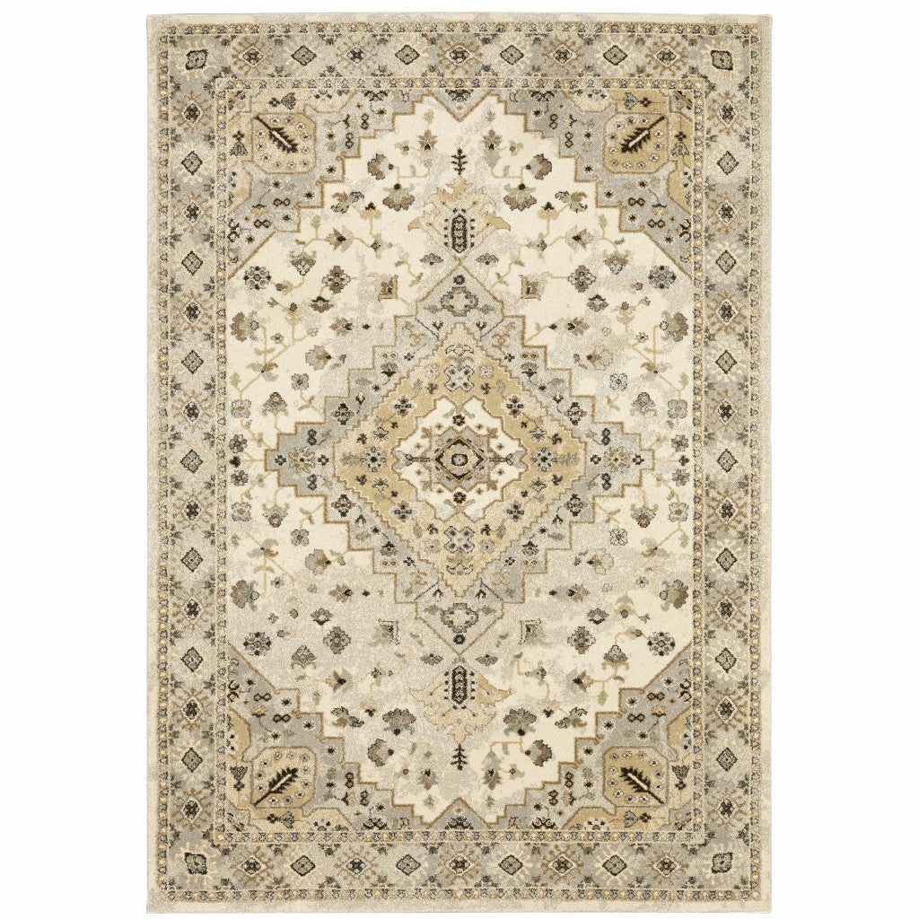 10 X 13 Beige grey Tan And Brown Oriental Power Loom Stain Resistant Area Rug