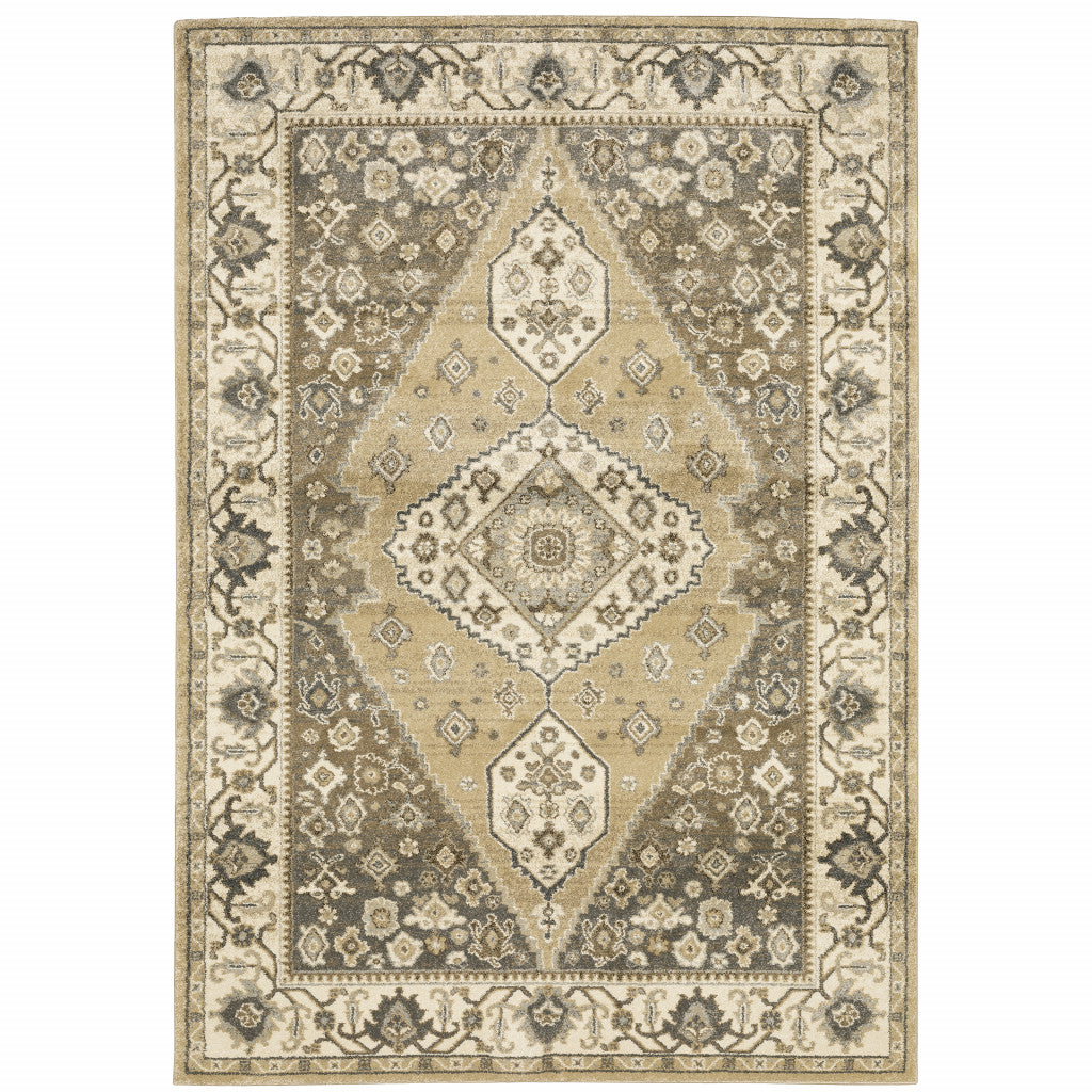 8 X 11 Beige grey Tan And charcoal Oriental Power Loom Stain Resistant Area Rug